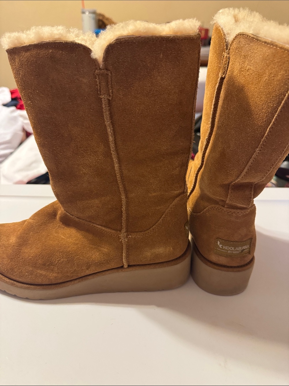 Koolaburra Tan Suede Shearling-Lined Mid-Calf Winter Boots